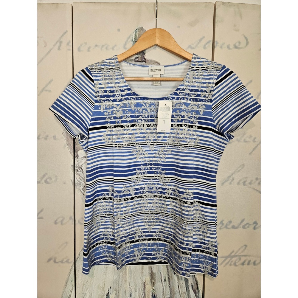 NWT Zenergy Chico's Rivera Foil Scroll Stripe Tee 1‎ Blue Silver Nautical Top